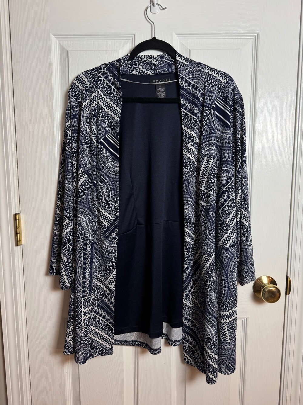 Grace 2X Navy Blue White Print Open Front Lined Cardigan Plus Size